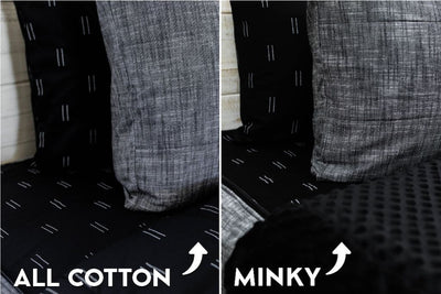 An infographic showing the options for cotton lining or minky lining in your zipper bedding set.
