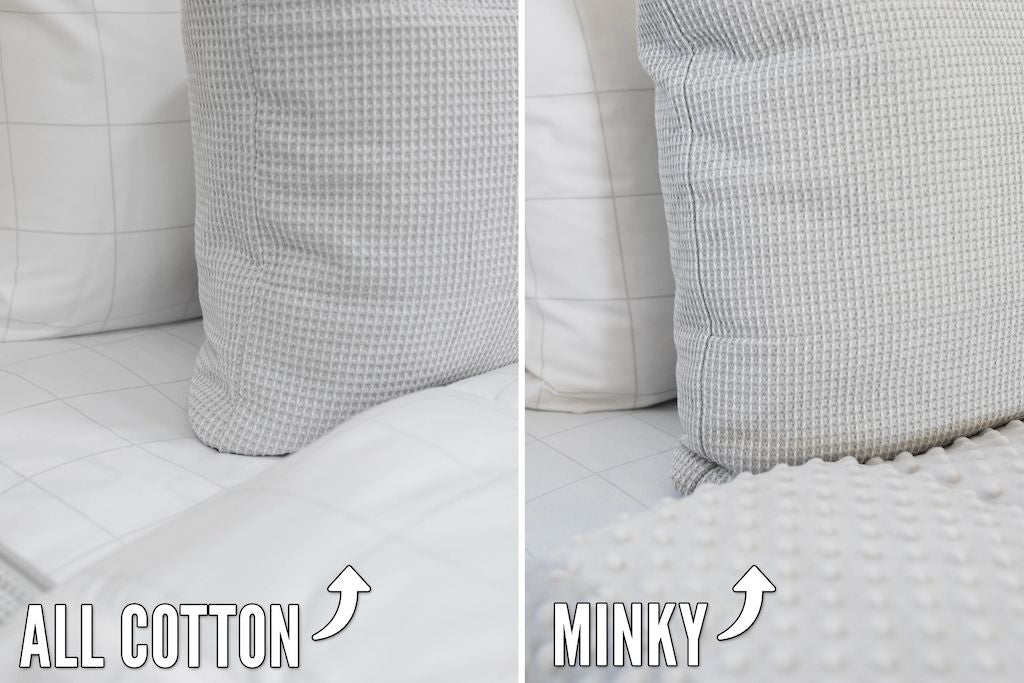 An infographic showing the options for cotton lining or minky lining in your zipper bedding set.