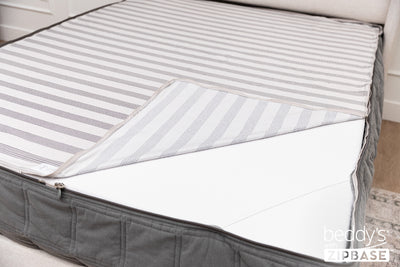 A shot of a zipper bedding set with ZipBase with the inside sheet unzipped and pulled back