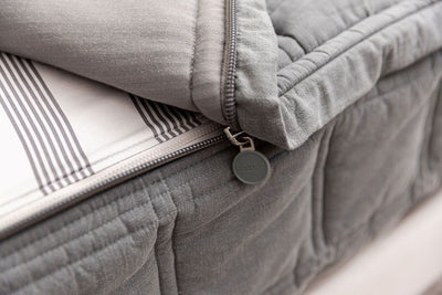 A close up shot of the zipper feature on a set of Beddy's zipper bedding