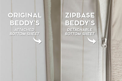 An infographic explaining the difference in stitching between original Beddy's and ZipBase Beddy's