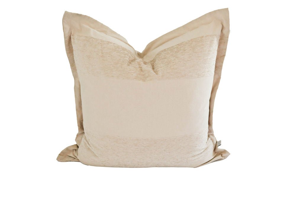 A large tan striped pillow on a white background.