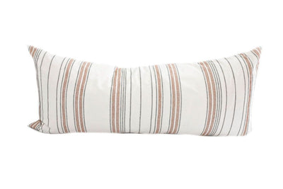 A cream with black and cognac stitched stripes extra large lumbar pillow on a white background.