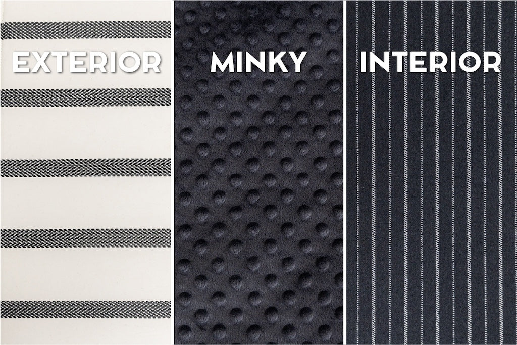 An infographic featuring the interior and exterior options of a striped zipper bedding.