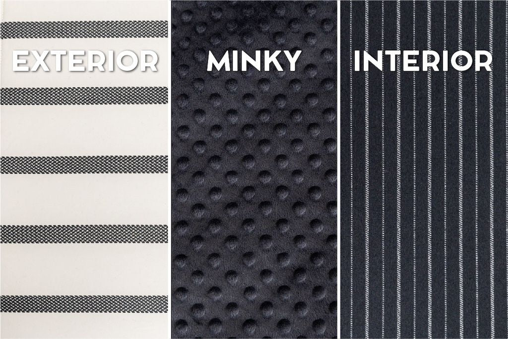 An infographic featuring the interior and exterior options of a striped zipper bedding.