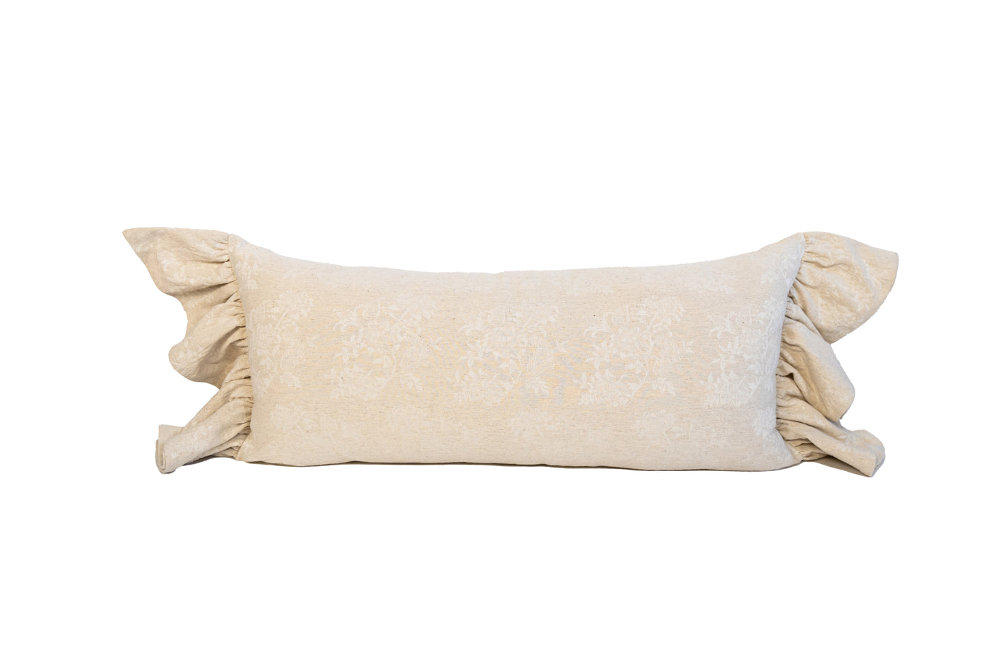 Floral embossed tan lumbar pillow on white background.