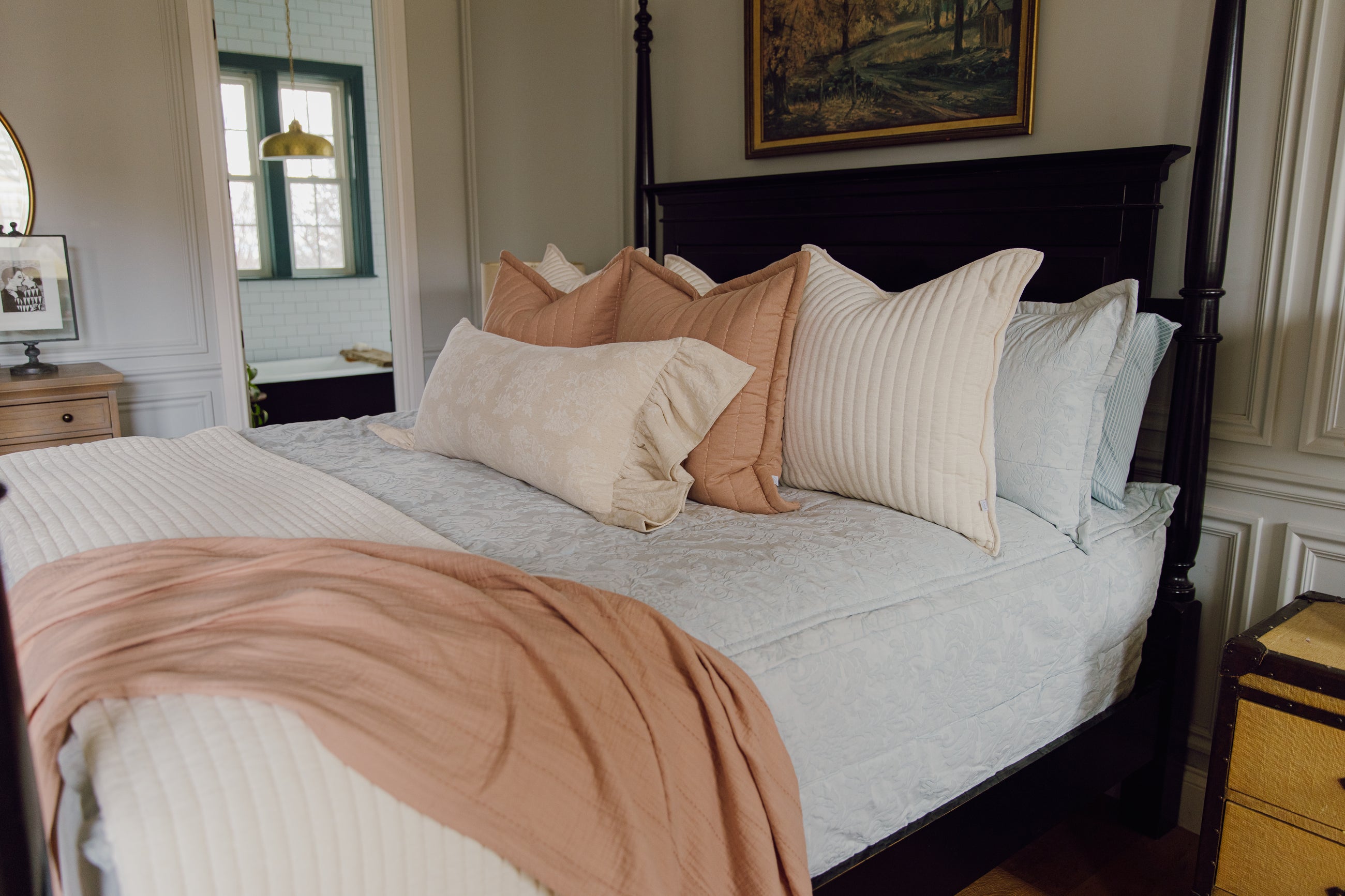 Light blue floral zipper bedding with cream and terracotta accessories
