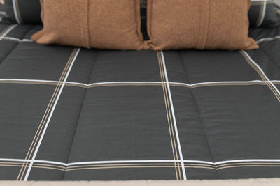 A close up of the black plaid print on this set of zipper bedding