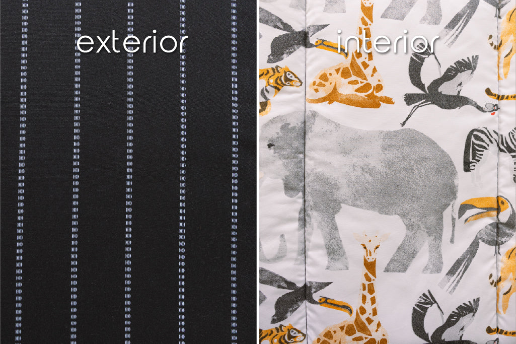 A close up of the black and white stripe exterior and interior fabrics of a set of black and jungle animal print zipper bedding.