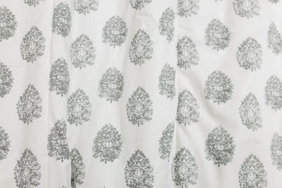 A close up on a white and gray print floral blanket