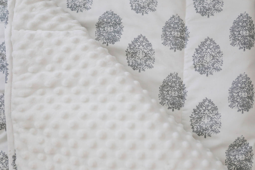 A close up view of a cream blanket with a gray floral design and it folded over to reveal the soft white minky.