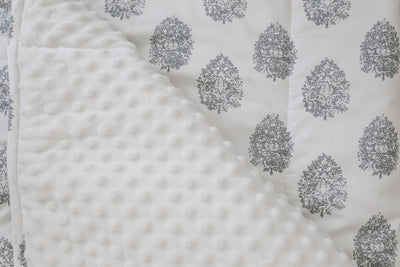 A close up view of a cream blanket with a gray floral design and it folded over to reveal the soft white minky.