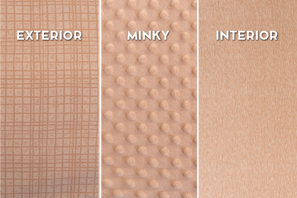 A close up view of the woven detail on light peach pink and plaid zipper bedding, showing the exterior, minky, and interior. 