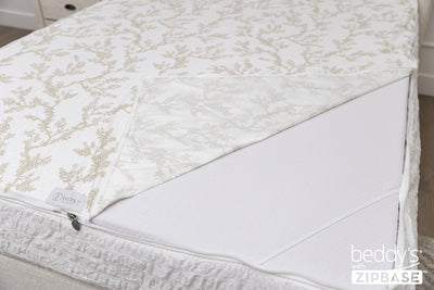 A ZipBase sheet partially unzipped and pulled back to show how it detaches from the rest of the base sheet wrapped around the sides of the mattress.