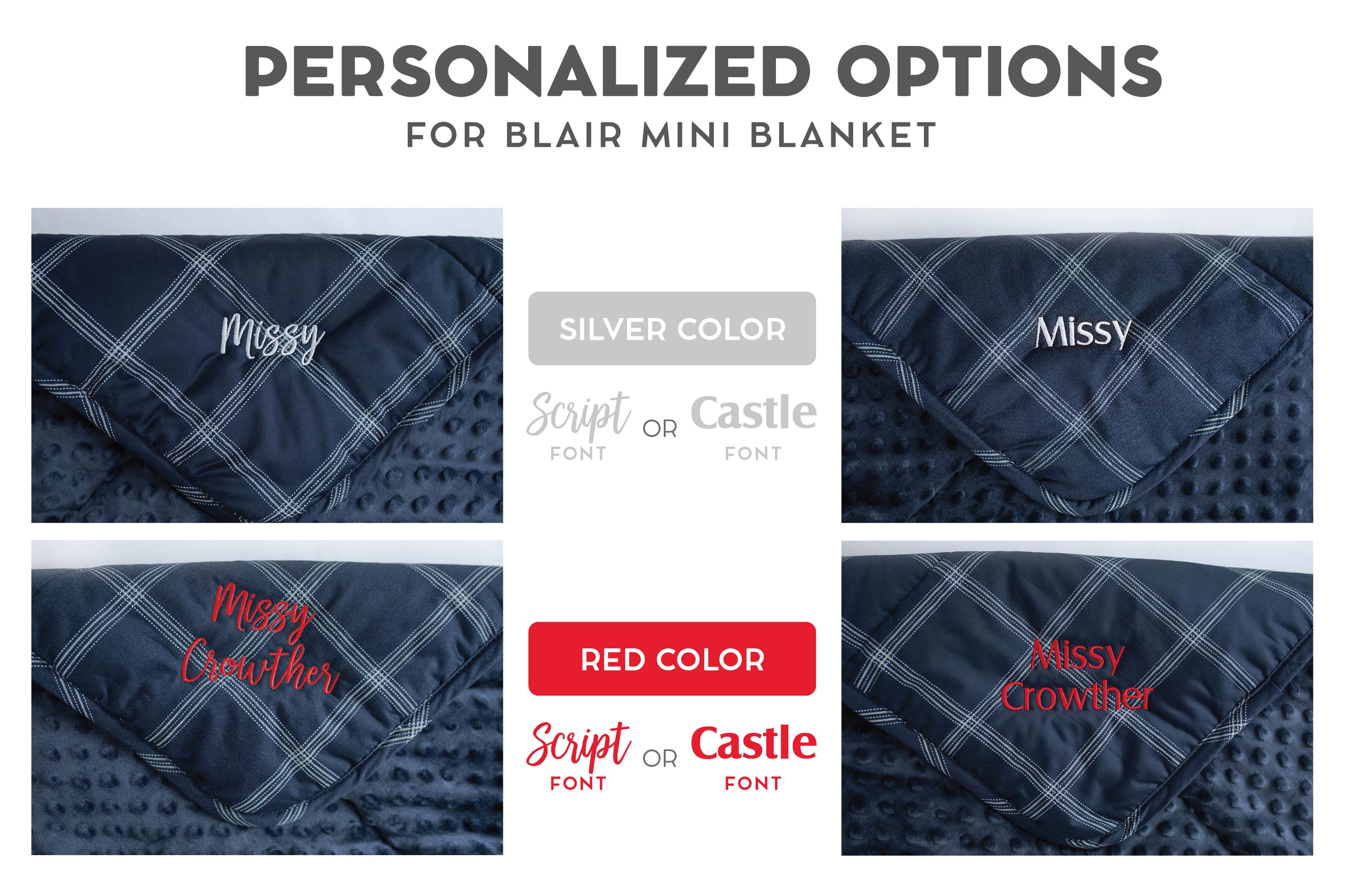 An infographic showing personalization options with different fonts and colors for mini children's blankets. 