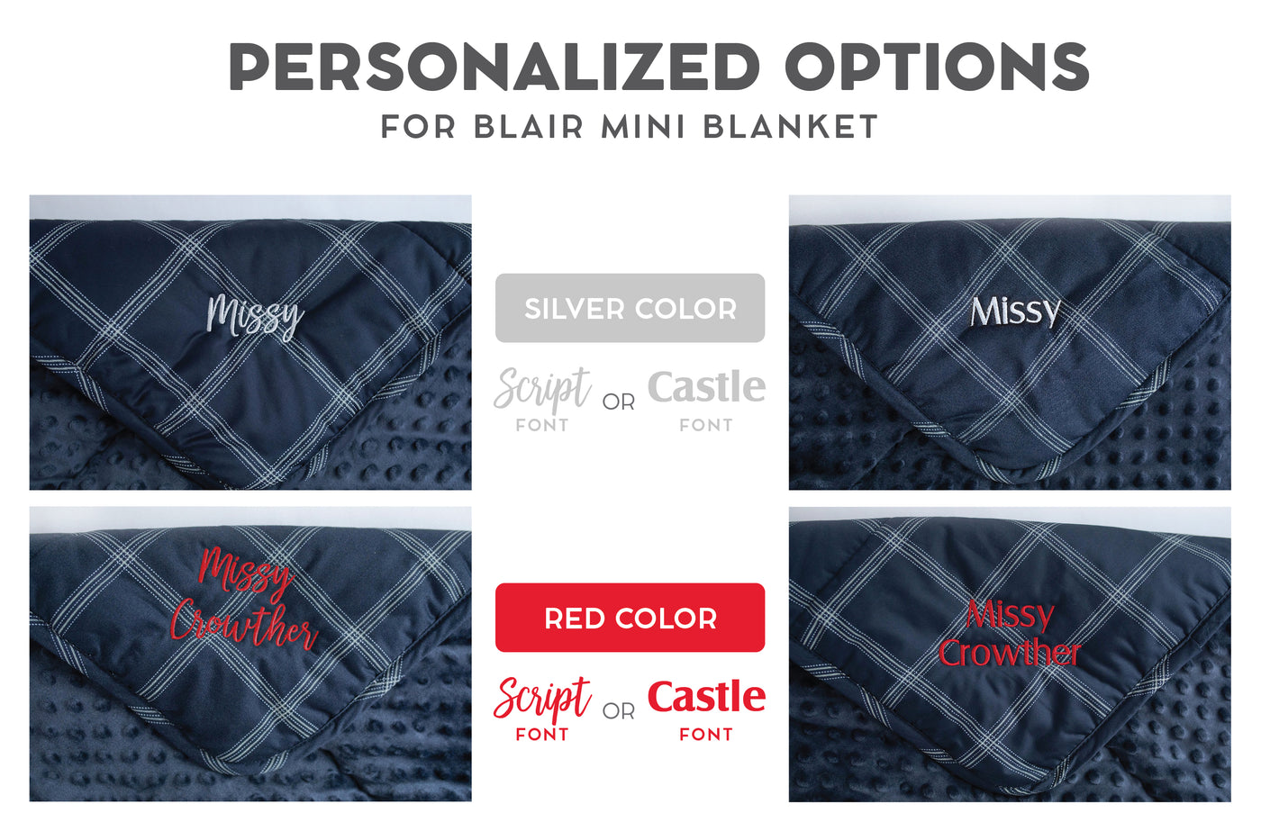 An infographic showing personalization options with different fonts and colors for mini children's blankets. 