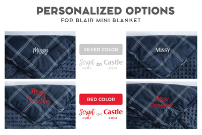 An infographic showing personalization options with different fonts and colors for mini children's blankets. 