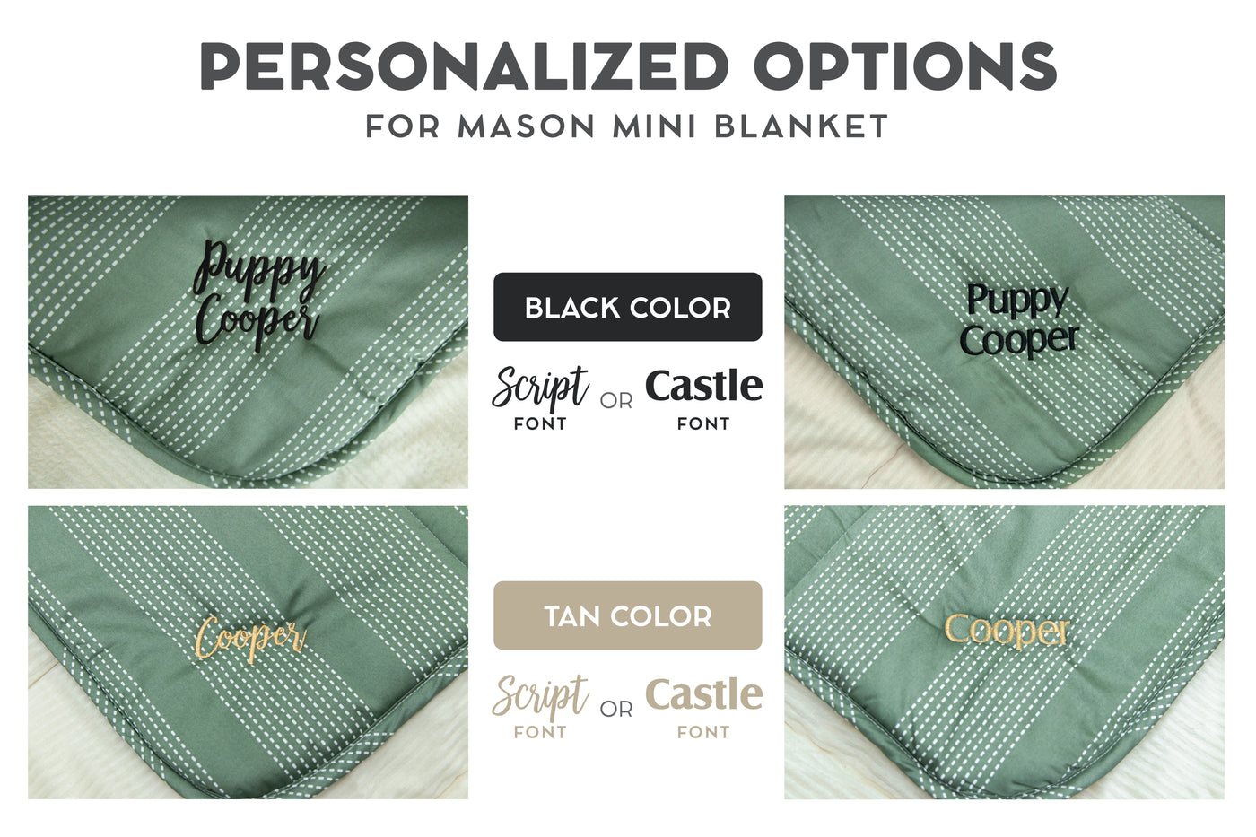 green dotted stripe children's blanket with black and tan embroidery options