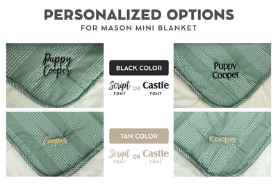 green dotted stripe children's blanket with black and tan embroidery options
