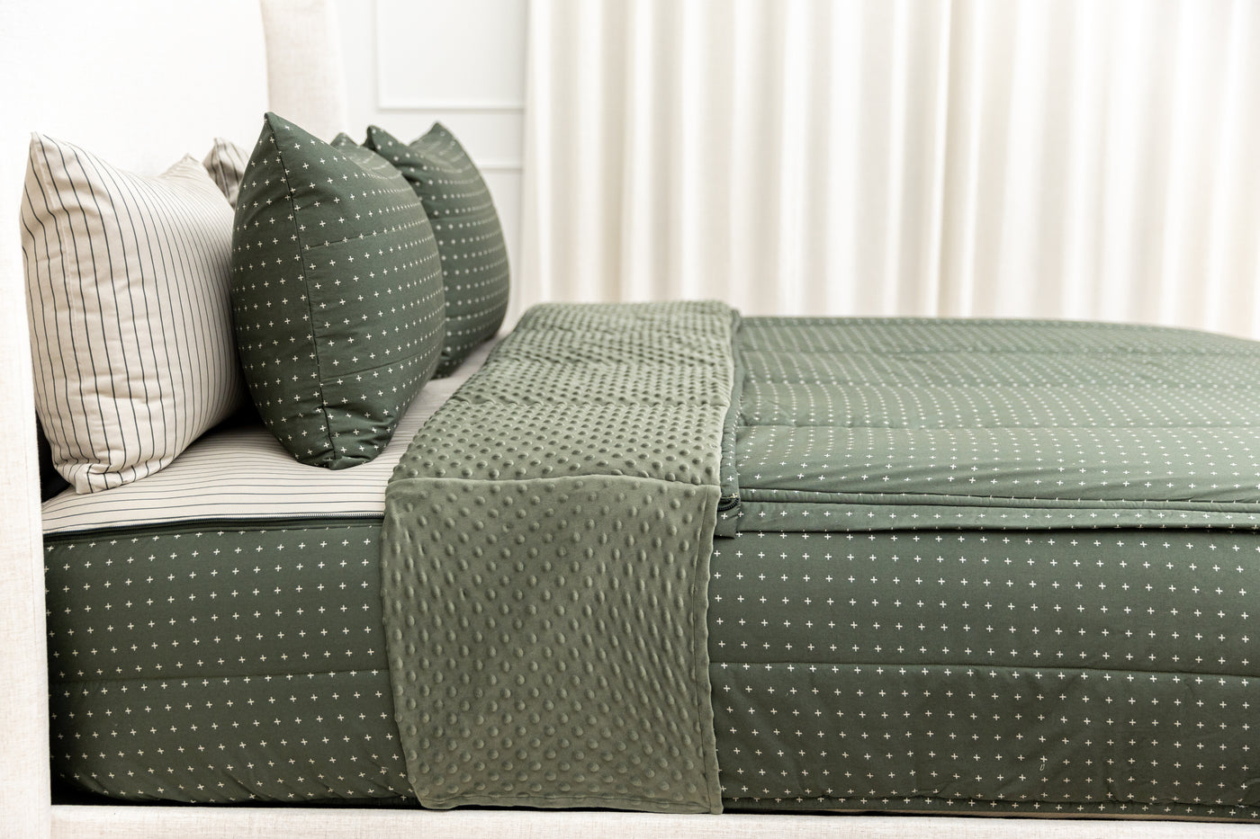 Exterior side shot of green zipper bedding