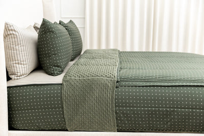 Exterior side shot of green zipper bedding