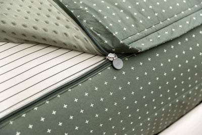 Zipper detail shot showing interior and exterior of green zipper bedding