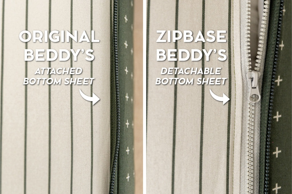 Graphic showing attached sheet on Beddys Original bedding vs detachable sheet on Beddys Zipbase bedding
