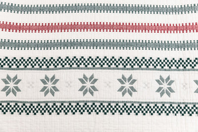 A close up view of a red, green, and snowflake striped pattern white holiday blanket.