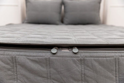 A shot of the foot of a bed made with gray zipper bedding with a focus on the 2 zippers