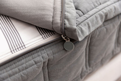 A close up on the zipper feature of a gray zipper bedding set