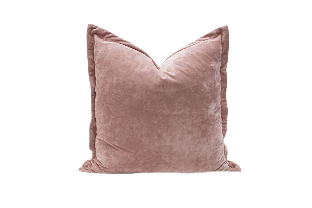 A pink velvet euro pillow arranged on a white background.