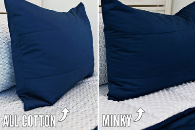 side by side comparison photo of navy blue bedding with white sheet with navy blue patterned sheets one side showing white minky interior, the other showing cotton interior