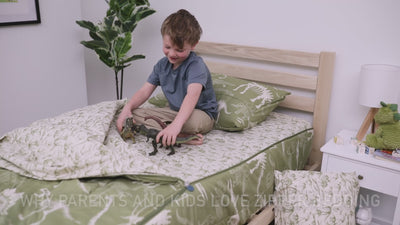 A video highlighting olive green dinosaur fossils kids bedding and it's unique functionalities.