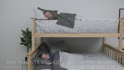 A video highlighting charcoal and white pattern dogs kids zipper bedding and it's unique functionalities.