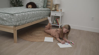 A video highlighting sage green woodland themed kids bedding and it's unique functionalities.