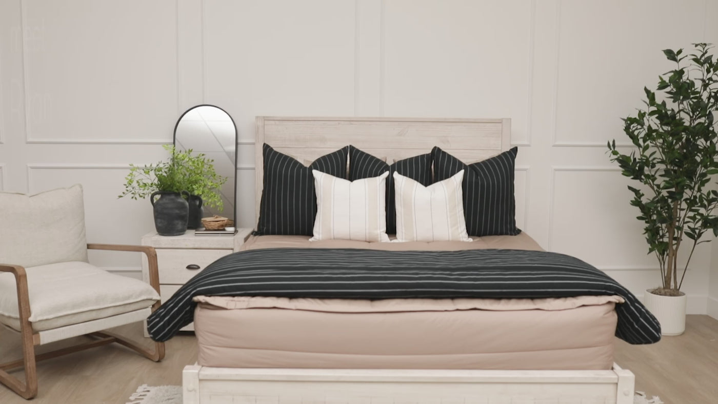 video with Tan zipper bedding bundled with black striped pillows, white striped pillows and a black striped blanket, neutral bedding, bedding for adults, bedding for boys, bedding for teens, bedding for dorm rooms, best bedding for bunk beds