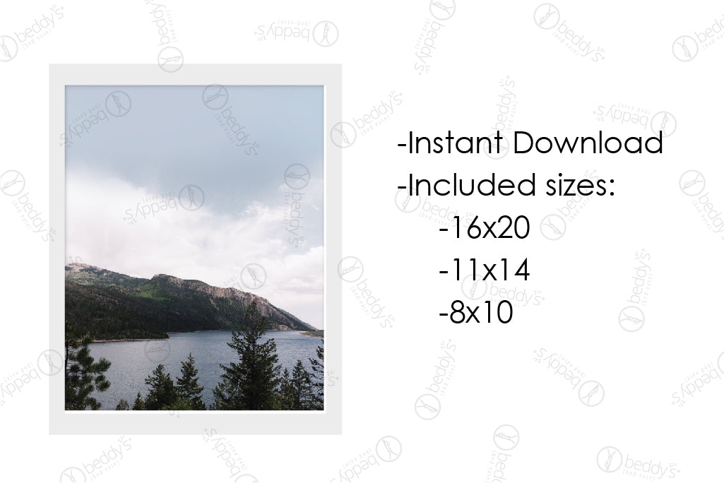 An infographic explaining the mountain, trees, and lake digital artwork size dimensions and that it's an instant download. 