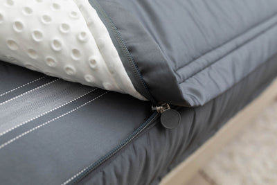A close up view of a bed made with gray zipper bedding with the bed slightly unzipped to reveal the minky comforter and the striped gray pattern bottom cotton lining.