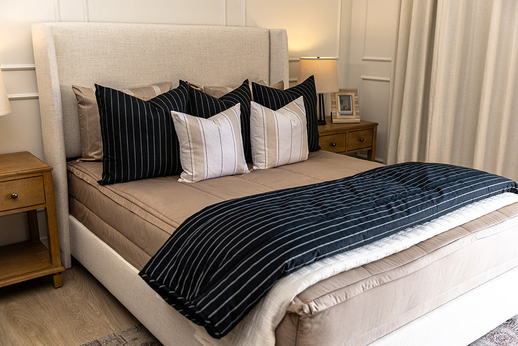 Tan zipper bedding bundled with black striped pillows, white striped pillows and a black striped blanket, neutral bedding, bedding for adults, bedding for boys, bedding for teens, bedding for dorm rooms, best bedding for bunk beds