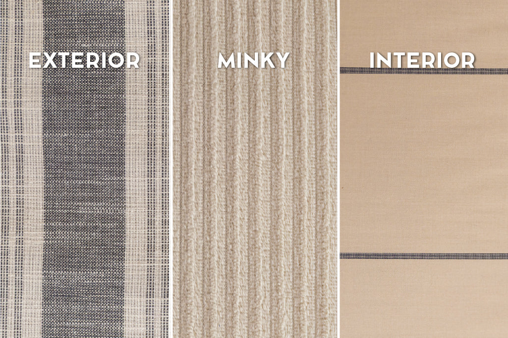 Graphic showing exterior, minky, and interior on neutral stripe zipper bedding.