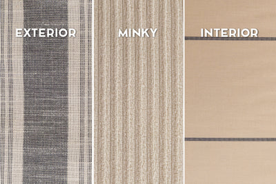 Graphic showing exterior, minky, and interior on neutral stripe zipper bedding.
