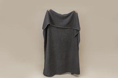 A person holding a  gray textured waffle weave blanket on a tan background.