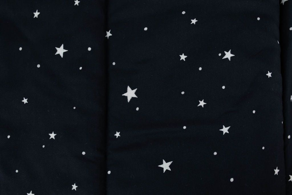 A close up of the interior of a set of black planets and stars zipper bedding.