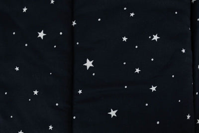 A close up of the interior of a set of black planets and stars zipper bedding.