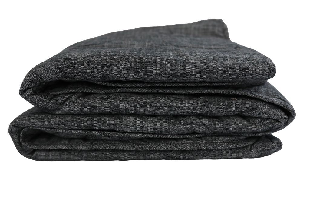 A side view of a dark charcoal gray blanket folded up.
