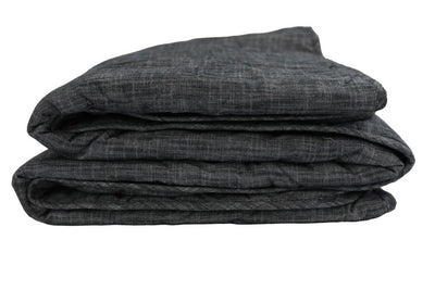 A side view of a dark charcoal gray blanket folded up.
