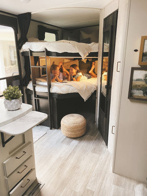 Mobile home with decorated bedding