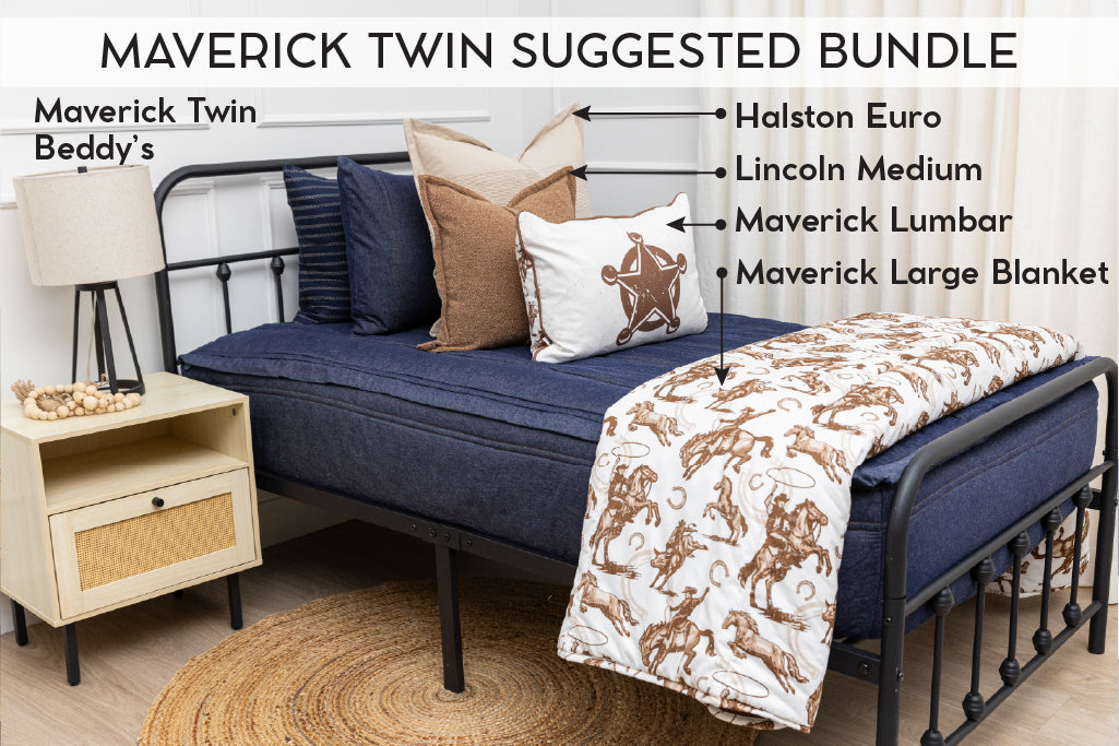 An infographic explaining what comes in a suggested twin zipper bedding bundle purchase, including your all in one bedding set, decorative pillows, blanket, and digital artwork.