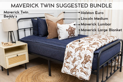An infographic explaining what comes in a suggested twin zipper bedding bundle purchase, including your all in one bedding set, decorative pillows, blanket, and digital artwork.
