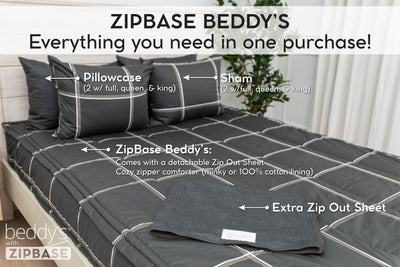 Charcoal with white and brown grid pattern bedding with zip out sheet